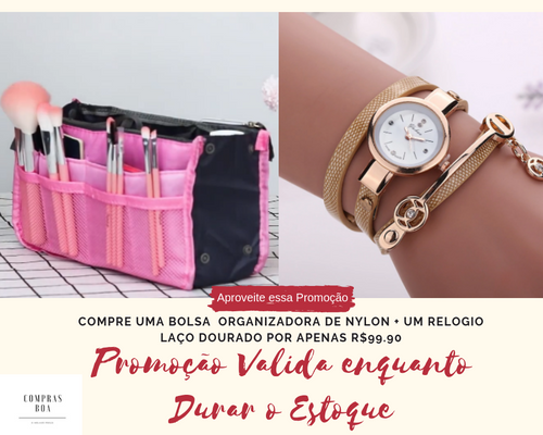 Bolsa Organizadora de nylon + Relógio Feminino Relógio Laço dourado de Quartzo e Couro.